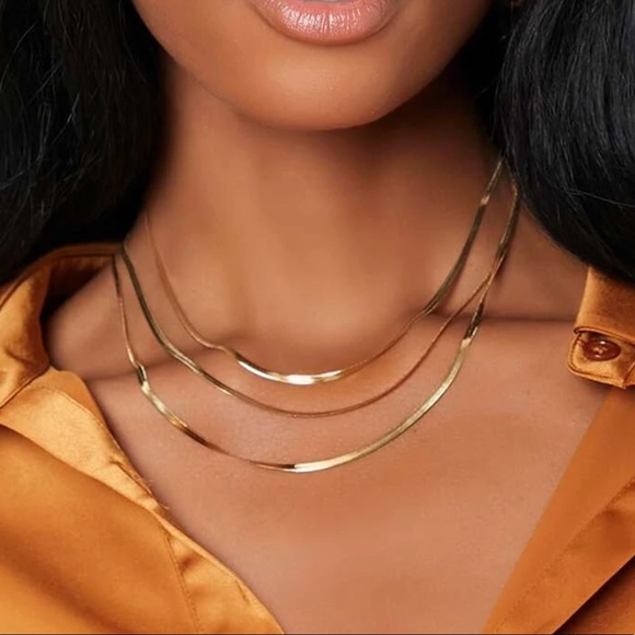 Gold Stainless Steel Fishbone layered Necklace - Picture 3 of 7